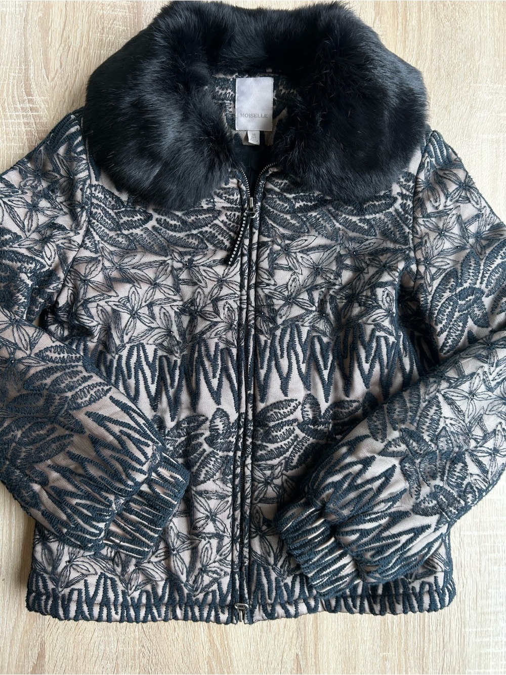 Moiselle Black Floral Lace Jacket Fur Collar 38